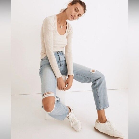 Madewell NWT Perfect Vintage Straight Jeans Sz 23 Danby Wash Ripped Knee Edition - Picture 2 of 10